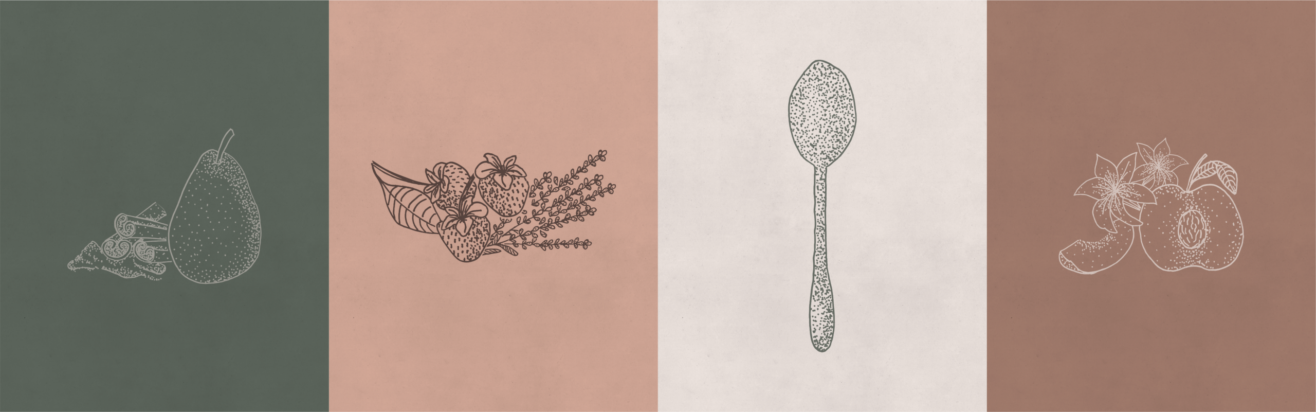 Conjunto de ilustraciones para identidad visual hechas por la diseñadora grafica Belen Kippes representando las variedades de mermeladas de la marca Murmur: frutilla y lavanda, peras y canela, durazno y jazmin.